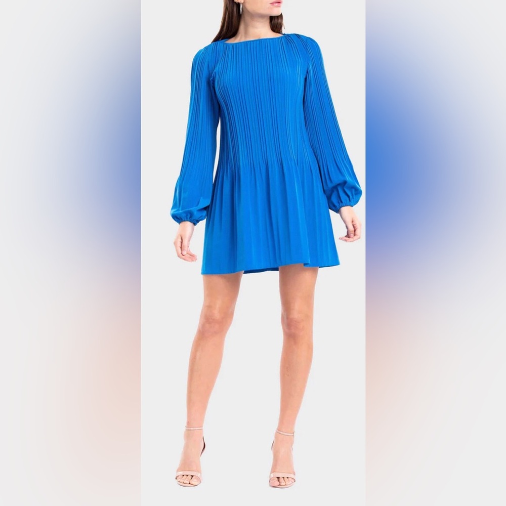 Maje  Rockin Blue pleated midi dress. 
Boat neck, long sleeves.Small